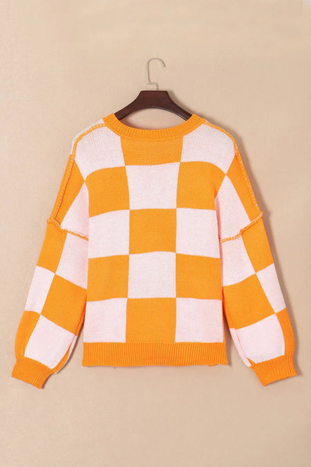 Pumpkin Checkered Round Neck Long Sleeve Sweater - S. M. & Co.