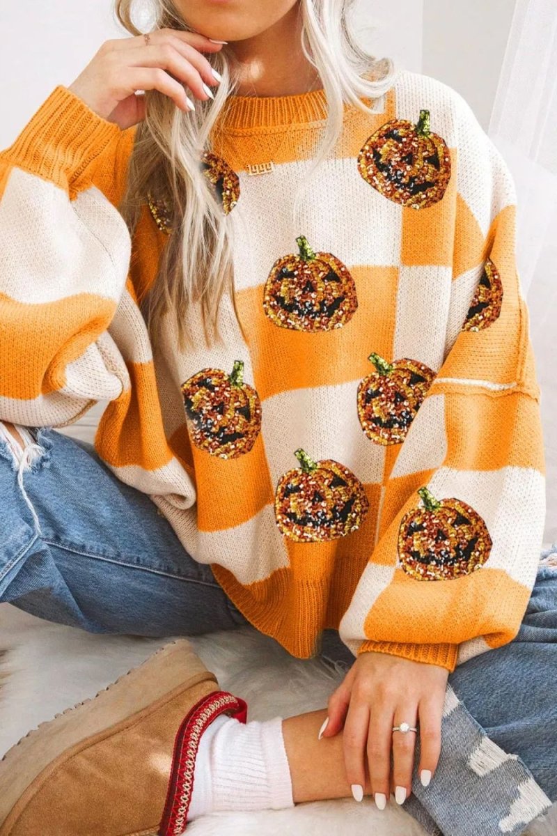 Pumpkin Checkered Round Neck Long Sleeve Sweater - S. M. & Co.