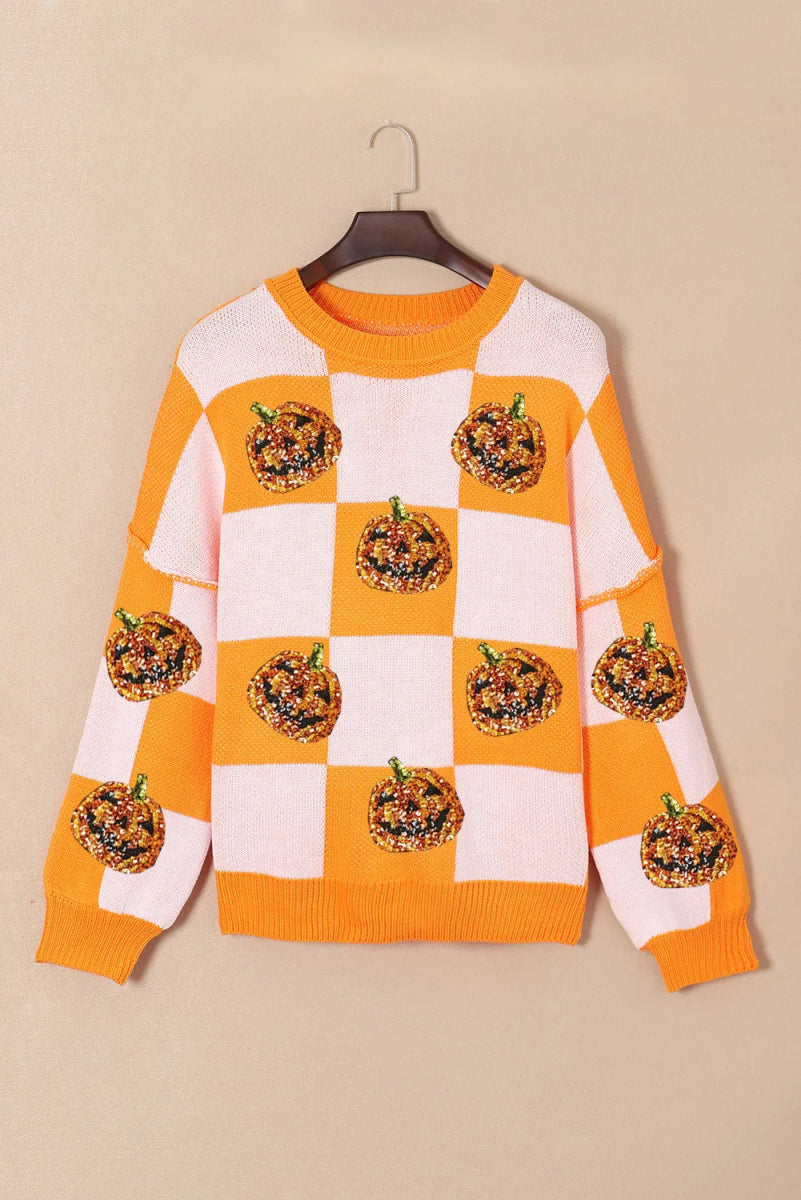 Pumpkin Checkered Round Neck Long Sleeve Sweater - S. M. & Co.