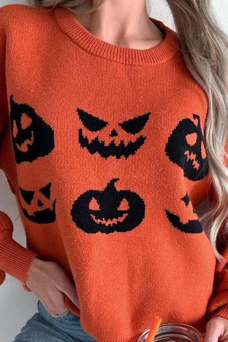 Pumpkin Pattern Round Neck Sweater - S. M. & Co.