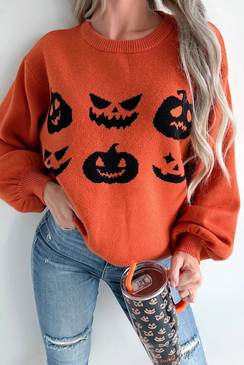 Pumpkin Pattern Round Neck Sweater - S. M. & Co.