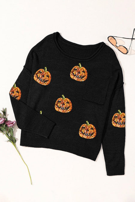 Pumpkin Round Neck Long Sleeve Knit Top - S. M. & Co.