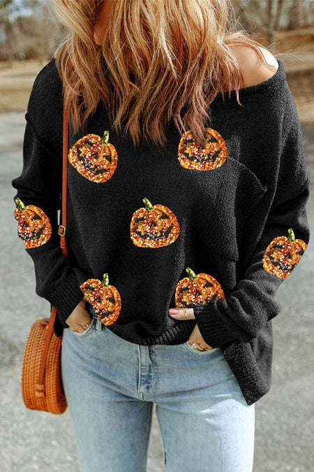 Pumpkin Round Neck Long Sleeve Knit Top - S. M. & Co.