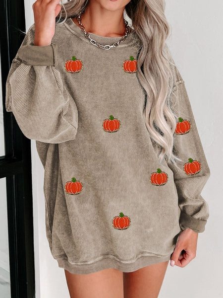 Pumpkin Round Neck Long Sleeve Sweatshirt - S. M. & Co.