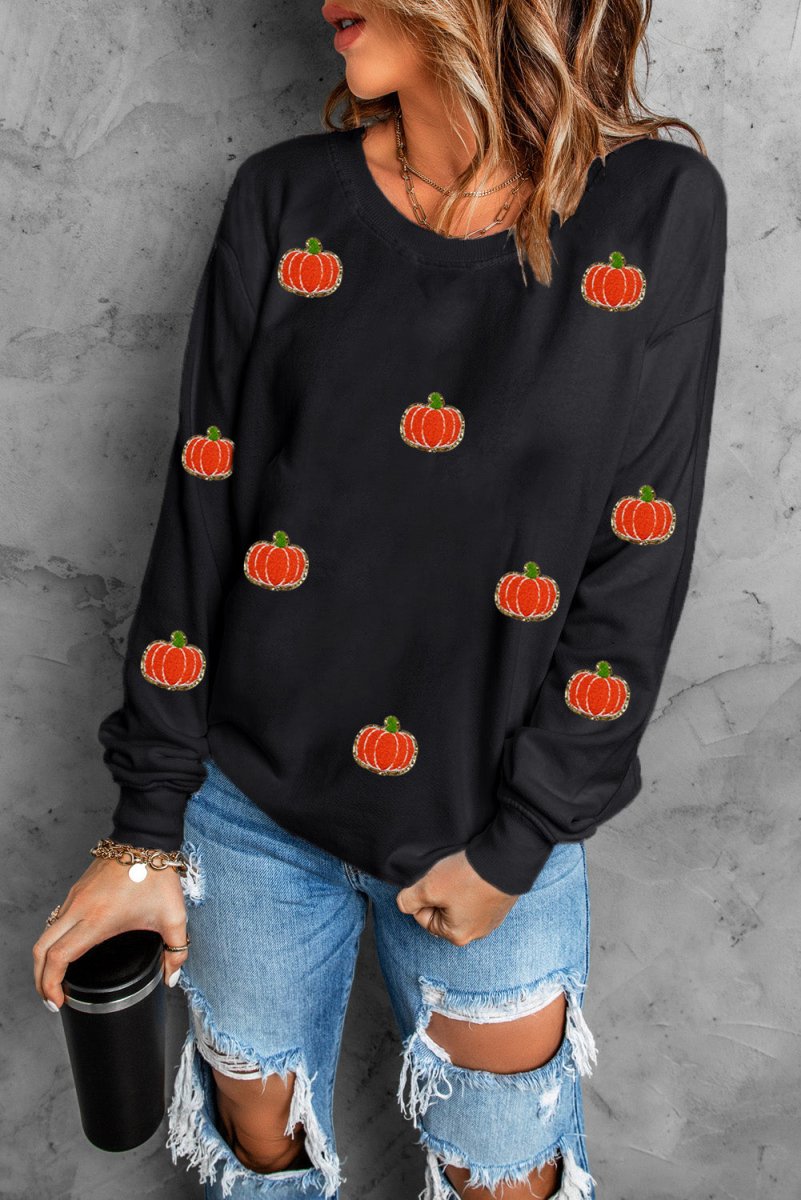 Pumpkin Round Neck Long Sleeve Sweatshirt - S. M. & Co.