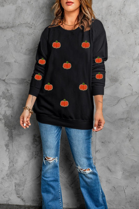 Pumpkin Round Neck Long Sleeve Sweatshirt - S. M. & Co.