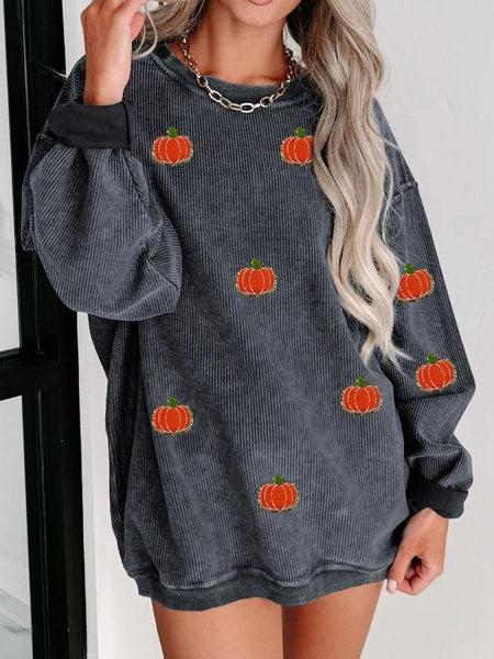 Pumpkin Round Neck Long Sleeve Sweatshirt - S. M. & Co.