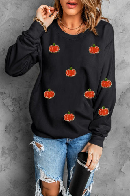 Pumpkin Round Neck Long Sleeve Sweatshirt - S. M. & Co.