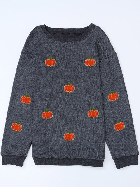 Pumpkin Round Neck Long Sleeve Sweatshirt - S. M. & Co.