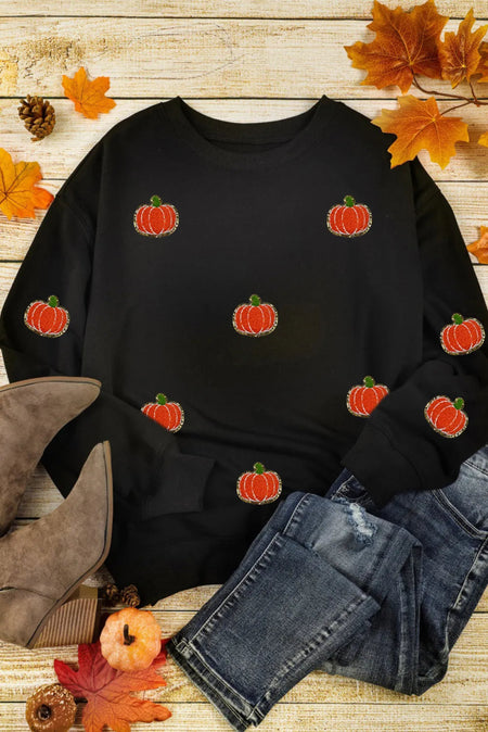 Pumpkin Round Neck Long Sleeve Sweatshirt - S. M. & Co.