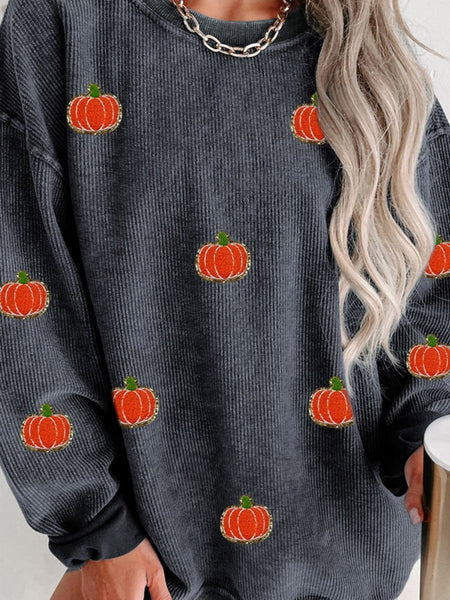 Pumpkin Round Neck Long Sleeve Sweatshirt - S. M. & Co.