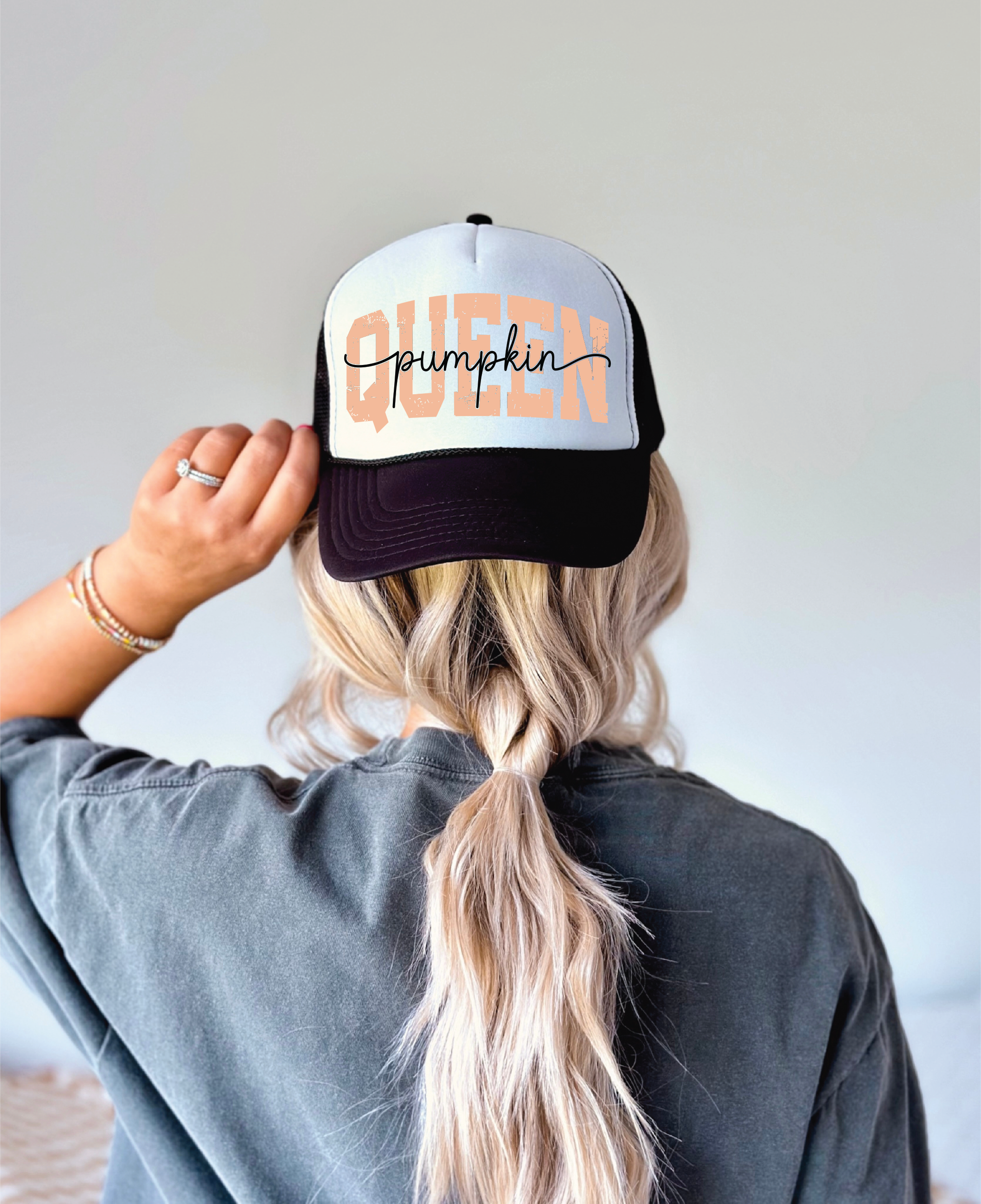 Pumpkin Queen DTF Printed Black and White Trucker Hat