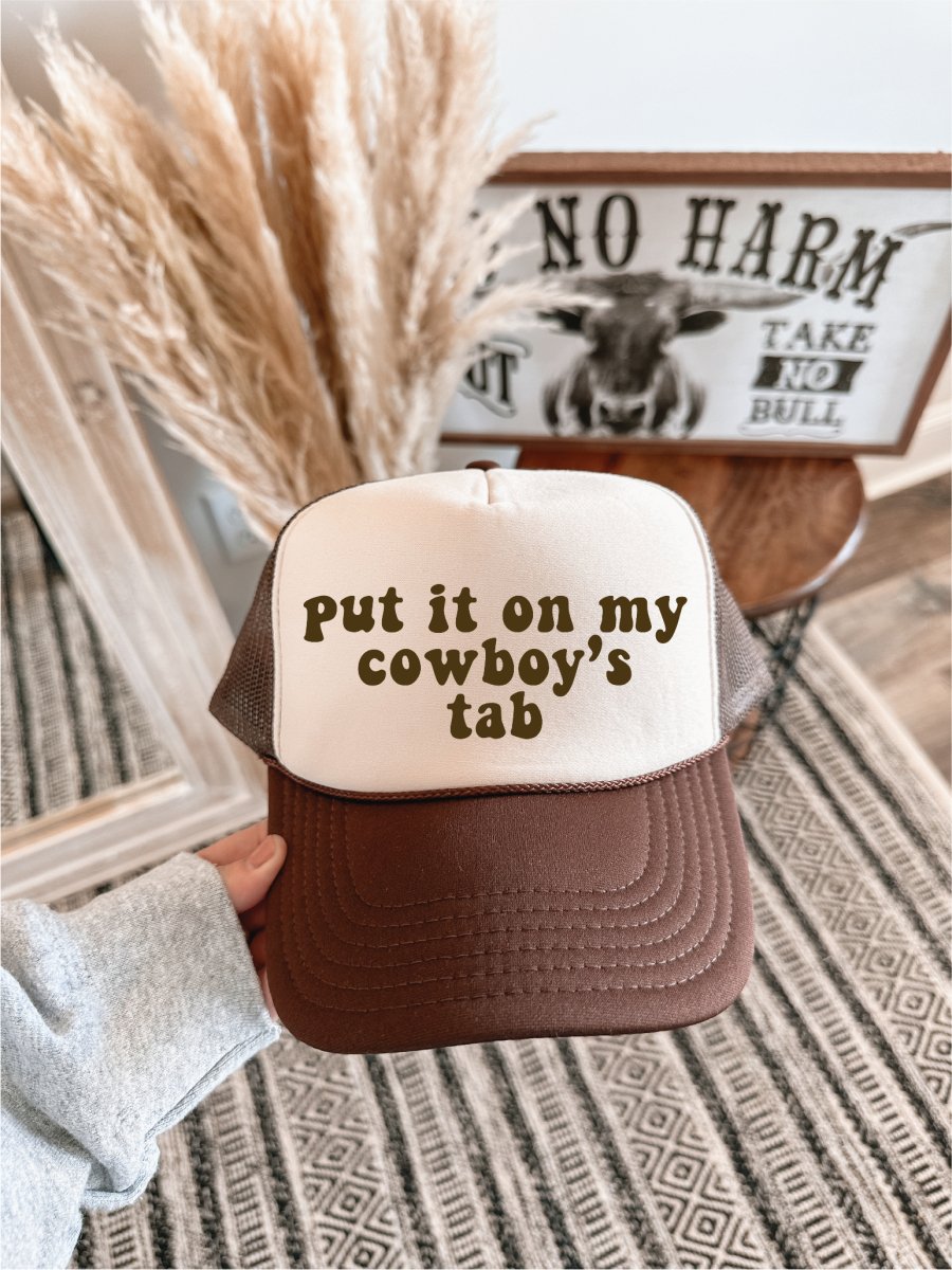 Put it on Cowboys Tab DTF Printed Brown & Tan Trucker Hat - S. M. & Co.