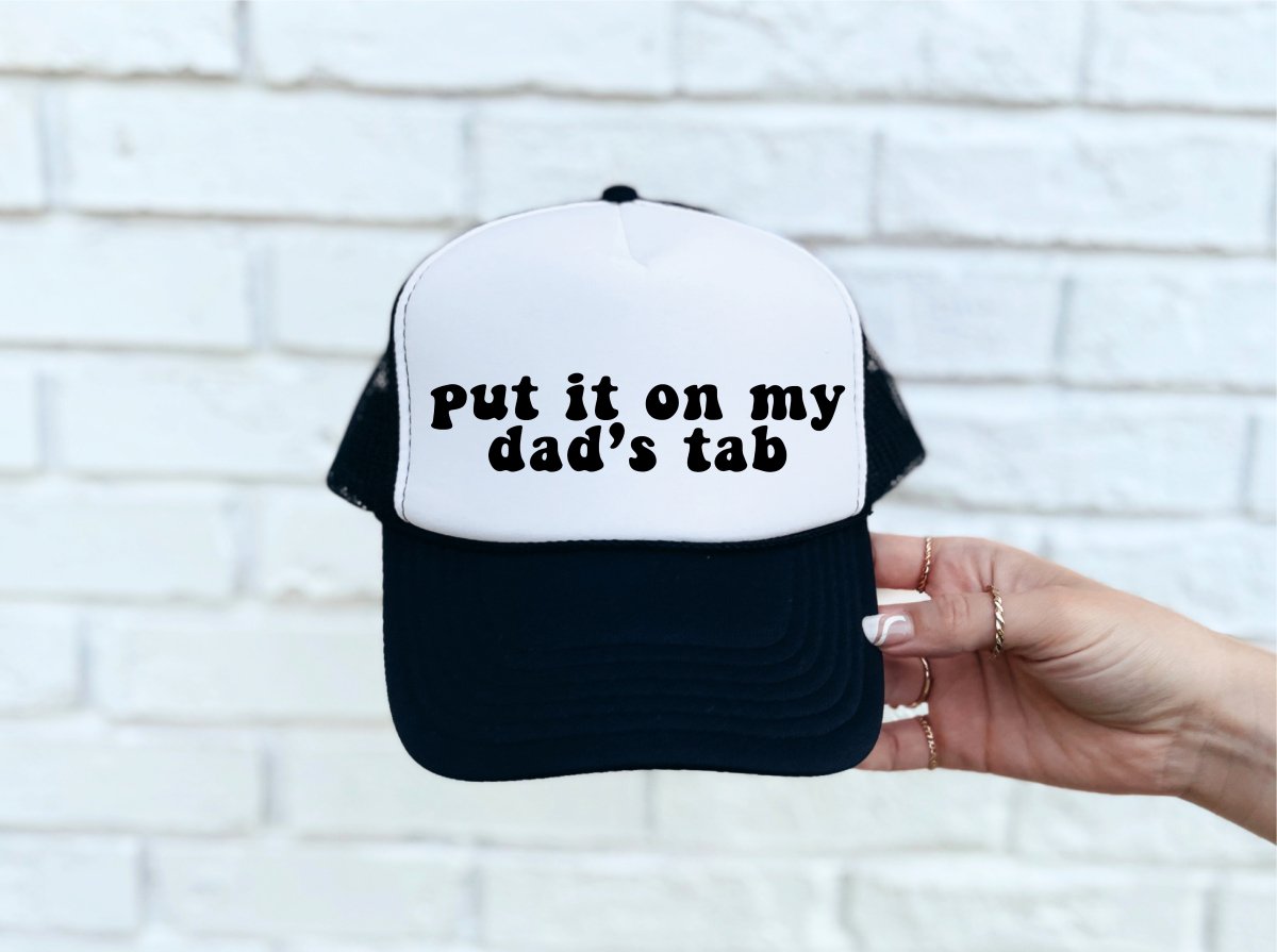 Put It On My Dad's Tab DTF Printed Black & White Trucker Hat - S. M. & Co.