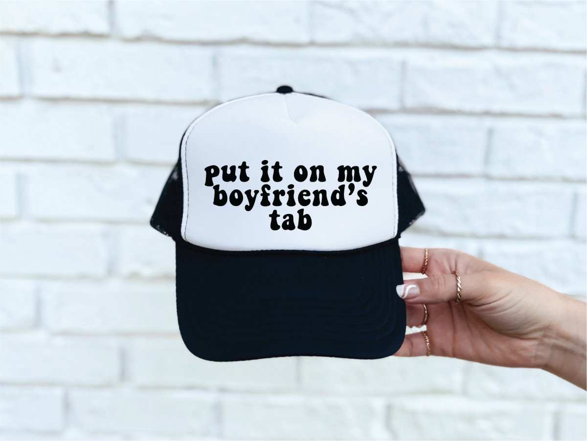 Put It On MyBoyfriends Tab DTF Printed Black & White Trucker Hat - S. M. & Co.