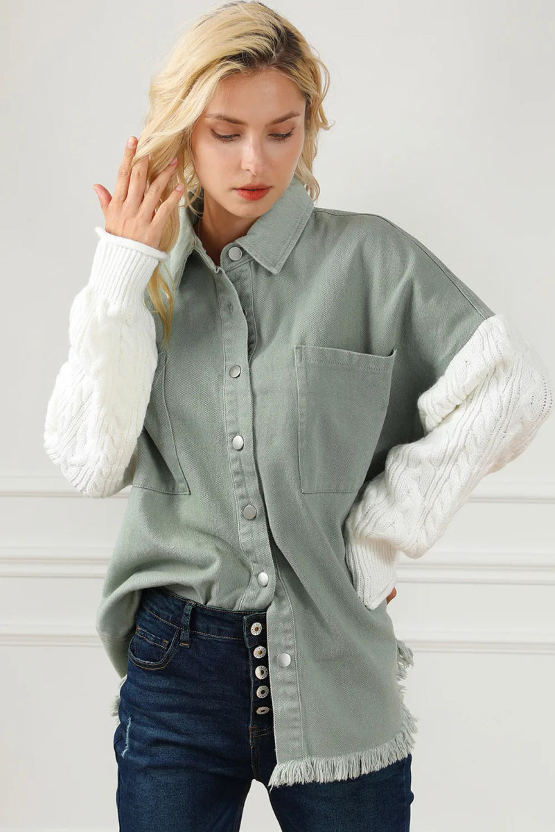 Raw Hem Collared Neck Button Up Long Sleeve Jacket - S. M. & Co.