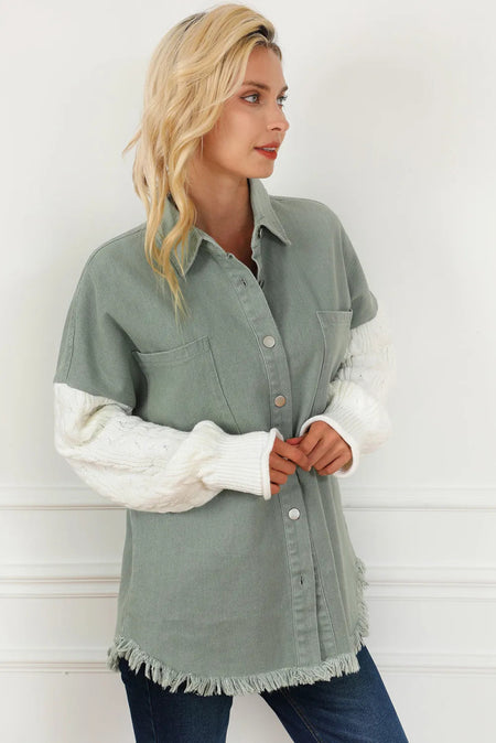 Raw Hem Collared Neck Button Up Long Sleeve Jacket - S. M. & Co.