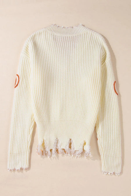 Raw Hem Pumpkin V - Neck Long Sleeve Sweater - S. M. & Co.