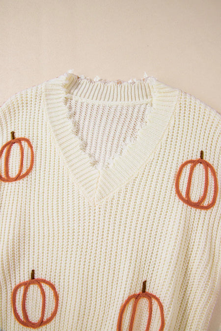 Raw Hem Pumpkin V - Neck Long Sleeve Sweater - S. M. & Co.