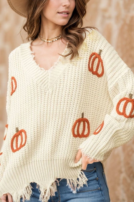 Raw Hem Pumpkin V - Neck Long Sleeve Sweater - S. M. & Co.