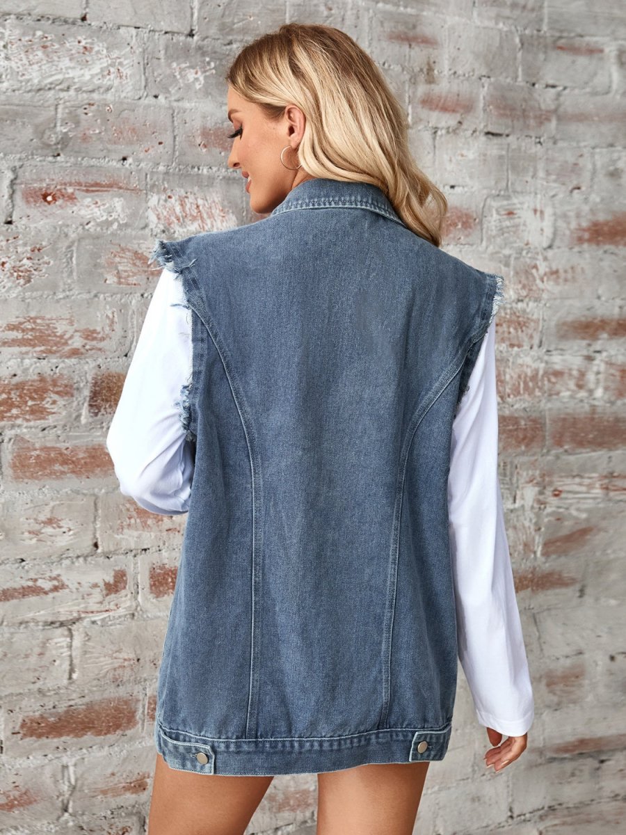 Raw Hem Sleeveless Button Up Denim Jacket - S. M. & Co.