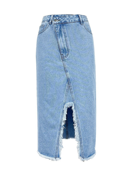 Raw Hem Slit Midi Denim Skirt - S. M. & Co.