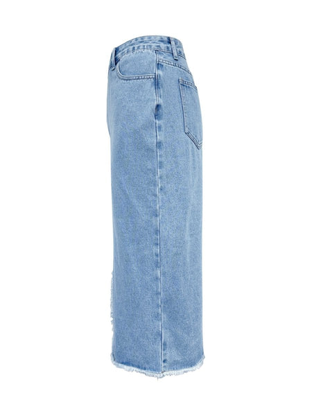 Raw Hem Slit Midi Denim Skirt - S. M. & Co.