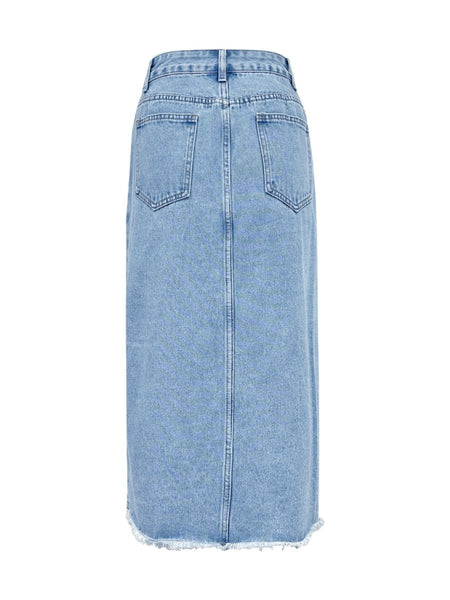 Raw Hem Slit Midi Denim Skirt - S. M. & Co.