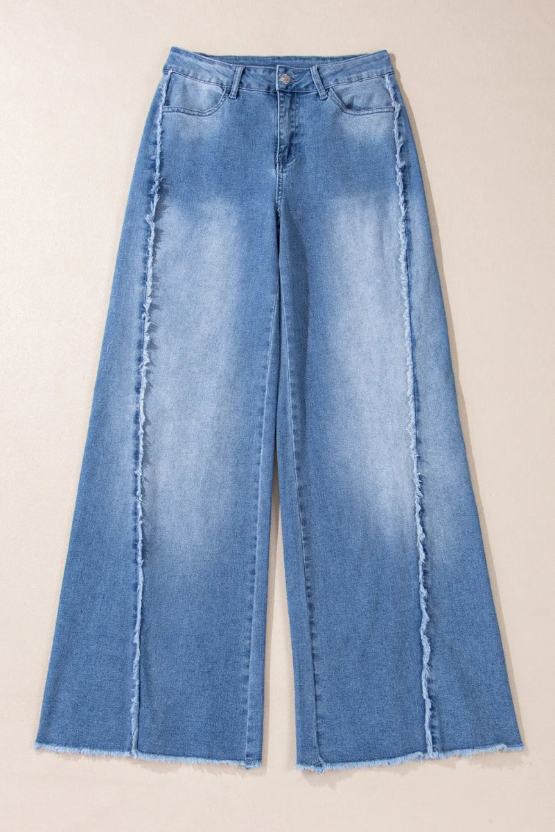 Raw Hem Wide Leg Jeans with Pockets - S. M. & Co.