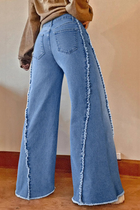 Raw Hem Wide Leg Jeans with Pockets - S. M. & Co.