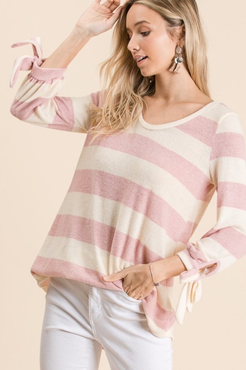 Reborn J Ribbon Cuff Contrast Striped Hacci Top - S. M. & Co.