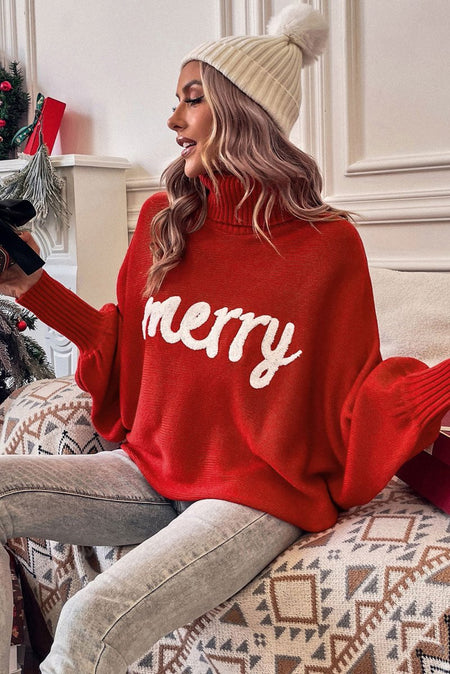 Red Merry Letter Embroidered High Neck Sweater - S. M. & Co.