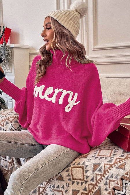 Red Merry Letter Embroidered High Neck Sweater - S. M. & Co.