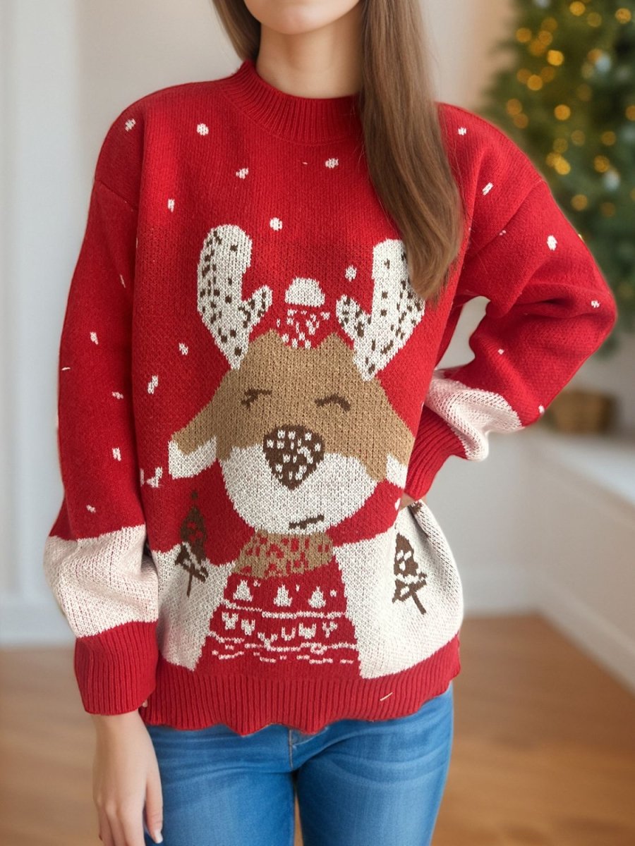 Reindeer Mock Neck Long Sleeve Sweater - S. M. & Co.