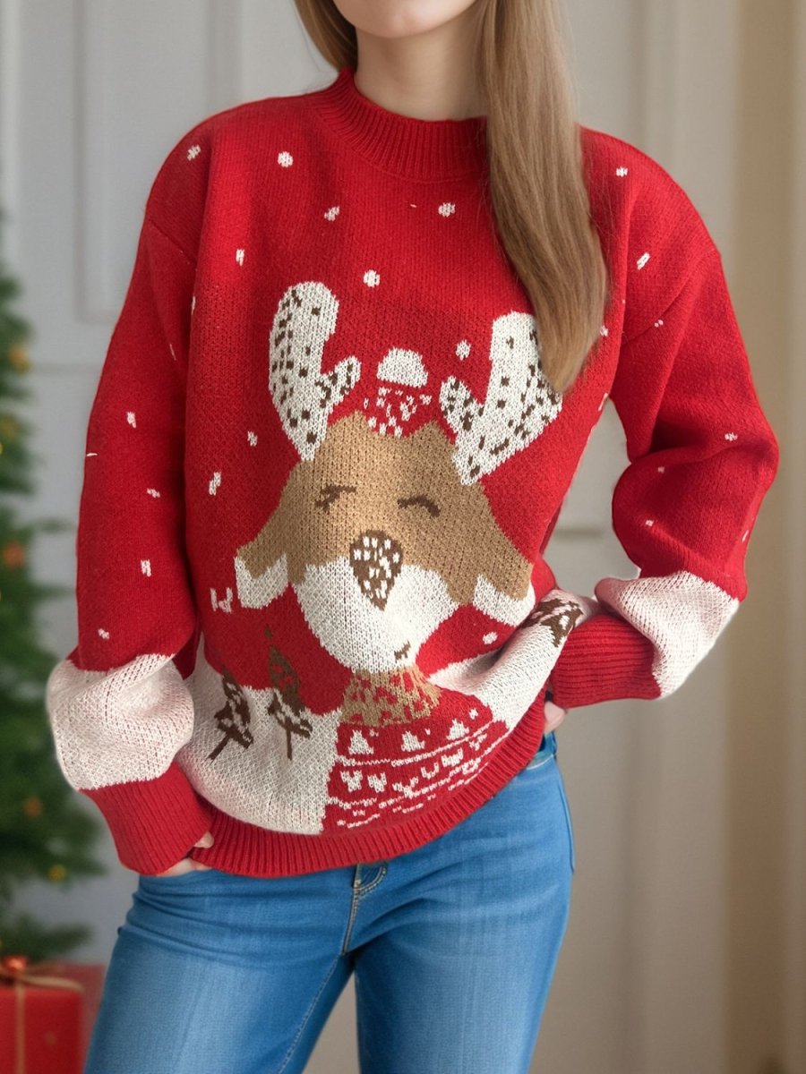 Reindeer Mock Neck Long Sleeve Sweater - S. M. & Co.