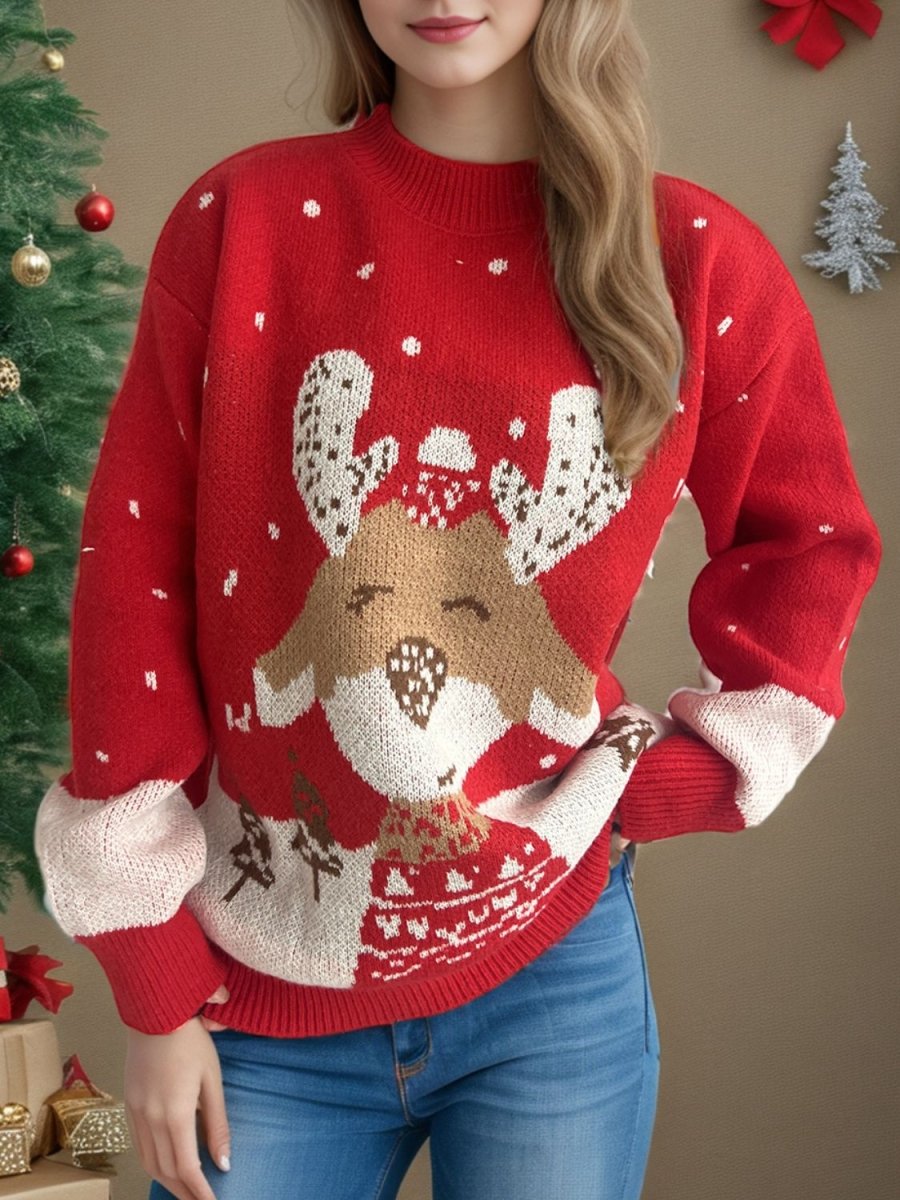 Reindeer Mock Neck Long Sleeve Sweater - S. M. & Co.