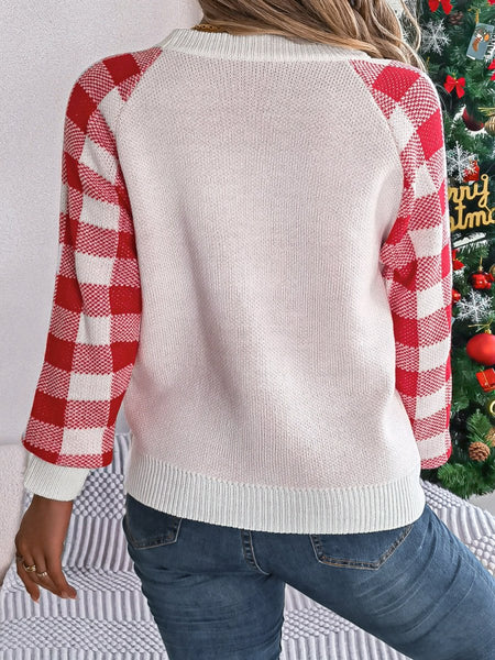 Reindeer Plaid Round Neck Long Sleeve Sweater - S. M. & Co.