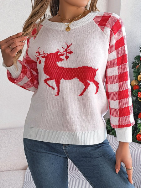 Reindeer Plaid Round Neck Long Sleeve Sweater - S. M. & Co.