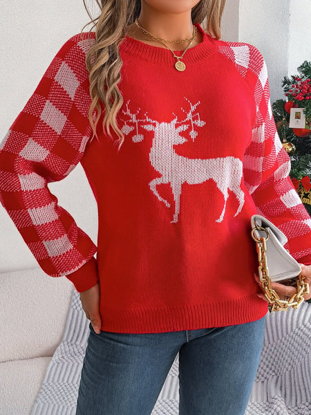 Reindeer Plaid Round Neck Long Sleeve Sweater - S. M. & Co.