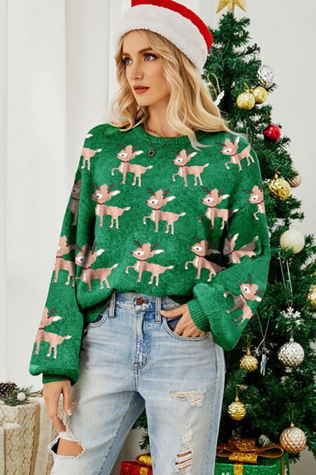 Reindeer Round Neck Drop Shoulder Sweater - S. M. & Co.