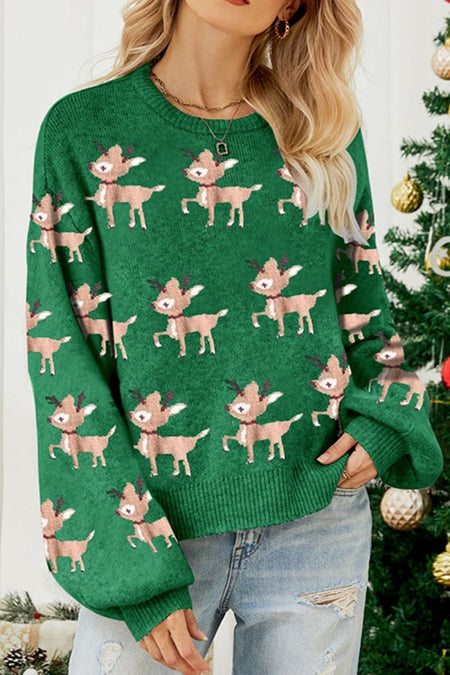 Reindeer Round Neck Drop Shoulder Sweater - S. M. & Co.