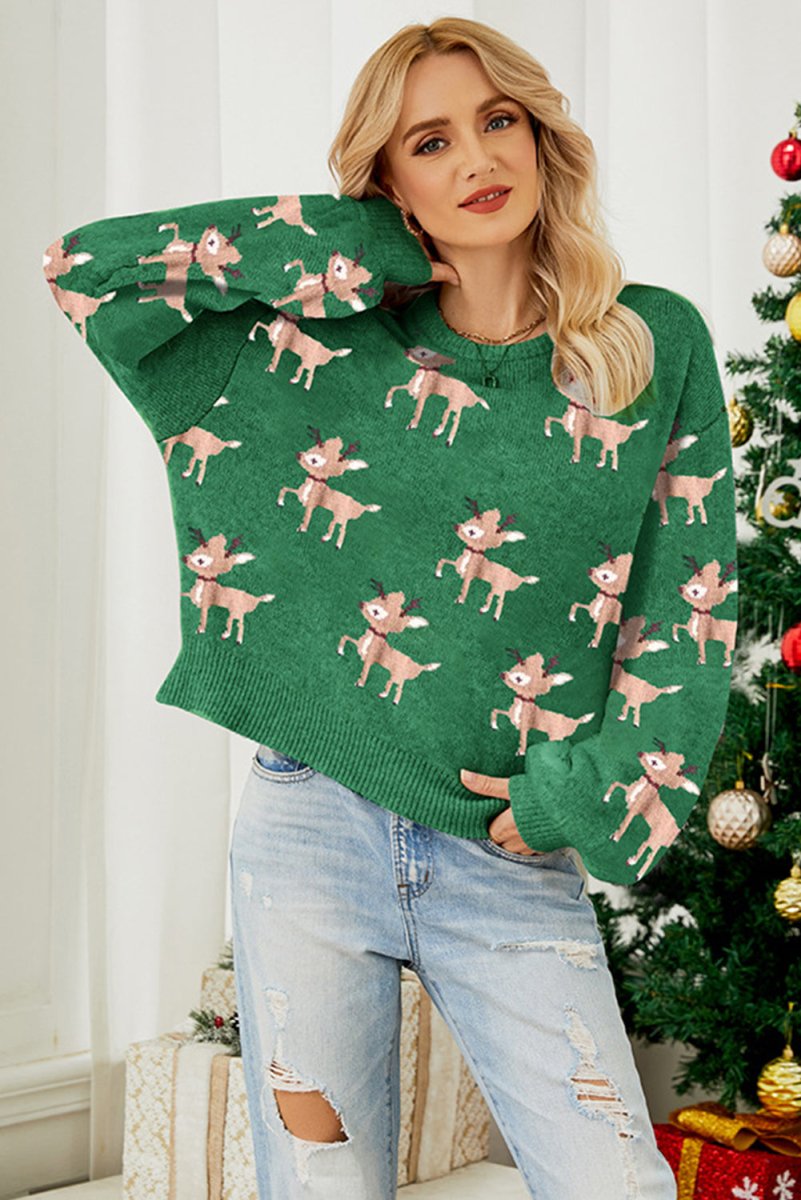 Reindeer Round Neck Drop Shoulder Sweater - S. M. & Co.