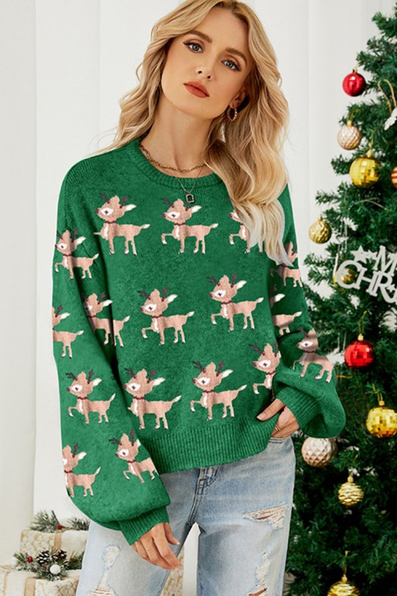 Reindeer Round Neck Drop Shoulder Sweater - S. M. & Co.