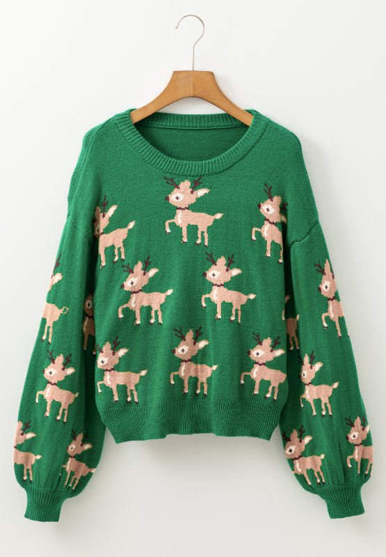 Reindeer Round Neck Drop Shoulder Sweater - S. M. & Co.