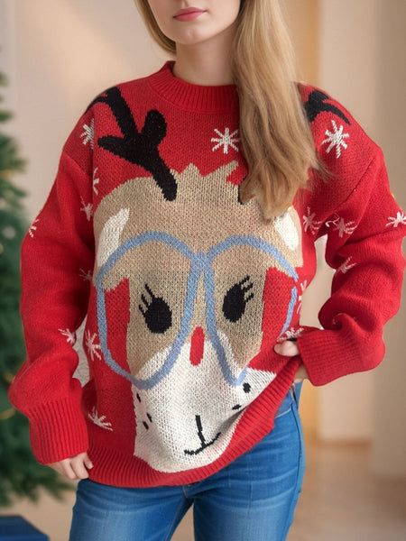 Reindeer Round Neck Dropped Shoulder Sweater - S. M. & Co.