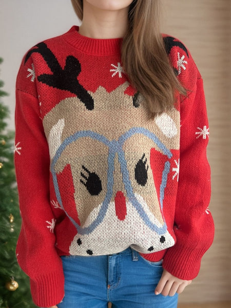 Reindeer Round Neck Dropped Shoulder Sweater - S. M. & Co.