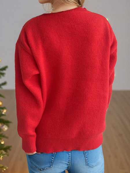 Reindeer Round Neck Long Sleeve Sweater - S. M. & Co.