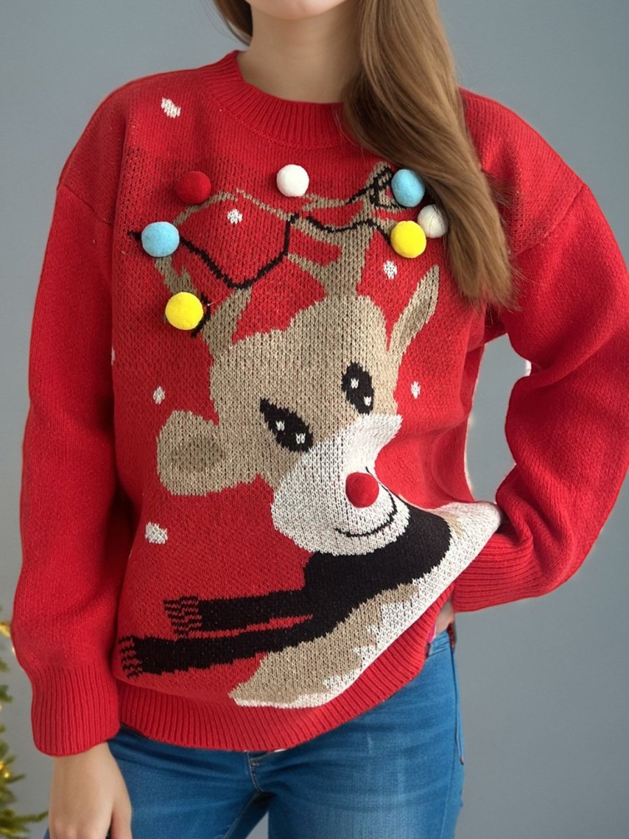 Reindeer Round Neck Long Sleeve Sweater - S. M. & Co.