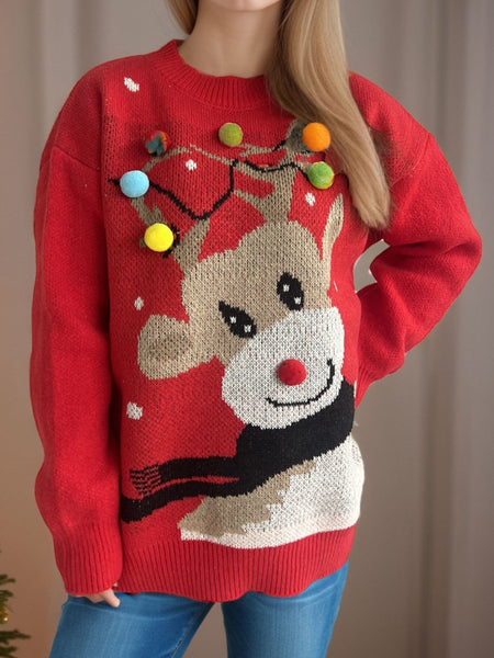 Reindeer Round Neck Long Sleeve Sweater - S. M. & Co.