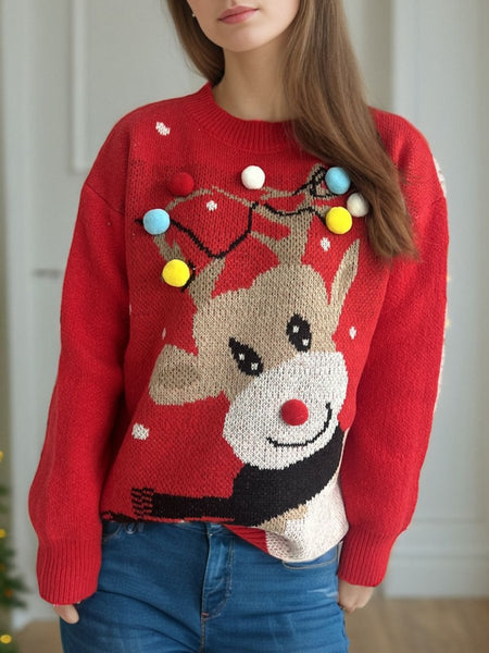 Reindeer Round Neck Long Sleeve Sweater - S. M. & Co.